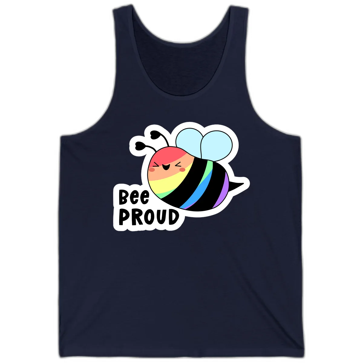 Cartoon bee with rainbow stripes and 'Bee PROUD' text celebrating LGBTQ+ pride in Navy
