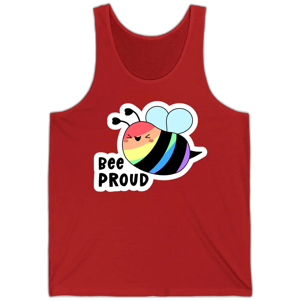 Cartoon bee with rainbow stripes and 'Bee PROUD' text celebrating LGBTQ+ pride in Red