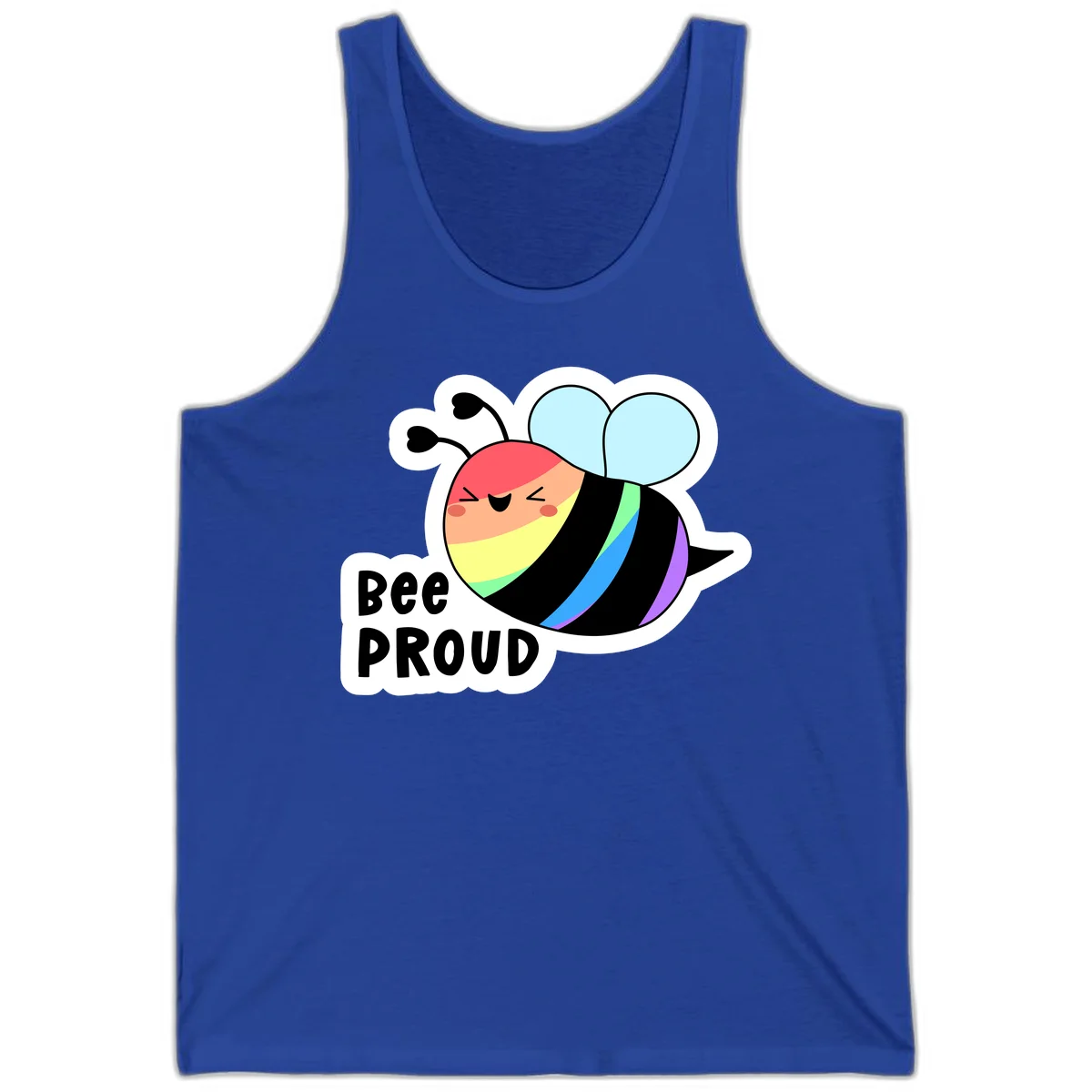 Cartoon bee with rainbow stripes and 'Bee PROUD' text celebrating LGBTQ+ pride in True Royal