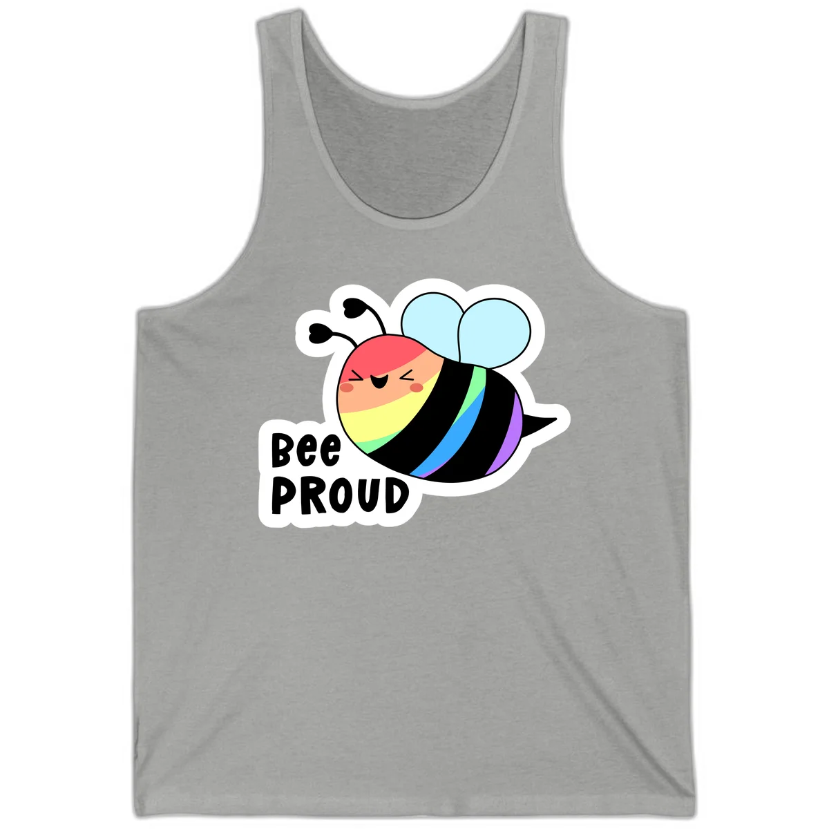 Cartoon bee with rainbow stripes and 'Bee PROUD' text celebrating LGBTQ+ pride in Athletic Heather