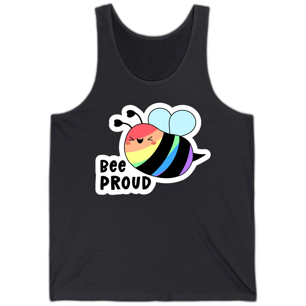 Cartoon bee with rainbow stripes and 'Bee PROUD' text celebrating LGBTQ+ pride in Dark Grey