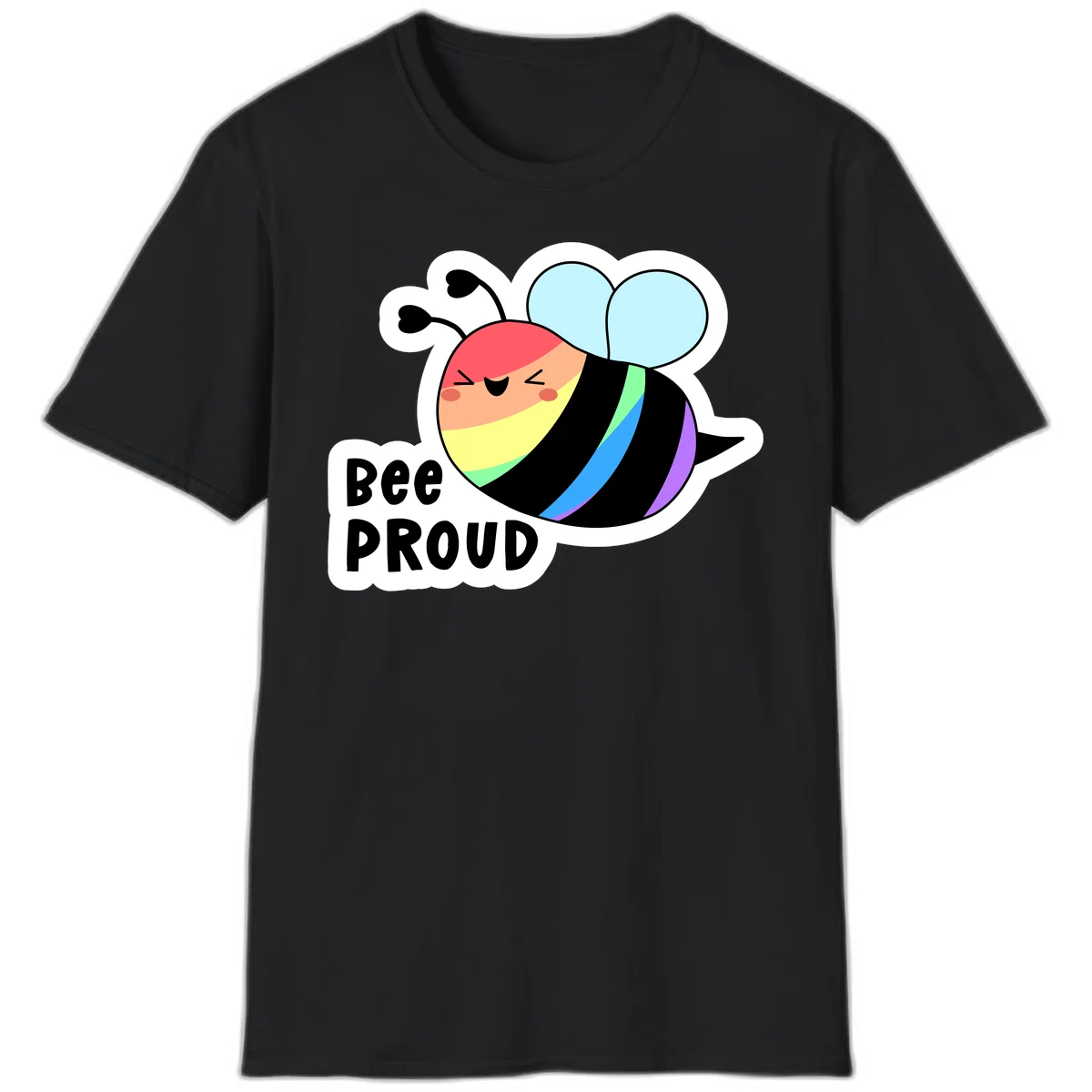 Cartoon bee with rainbow stripes and 'Bee PROUD' text celebrating LGBTQ+ pride in Black