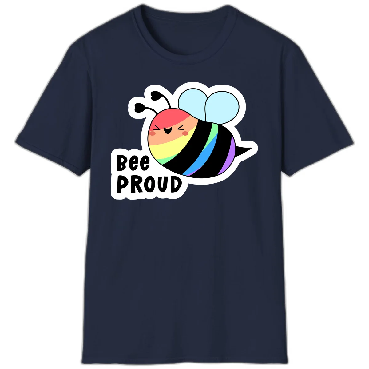 Cartoon bee with rainbow stripes and 'Bee PROUD' text celebrating LGBTQ+ pride in Navy