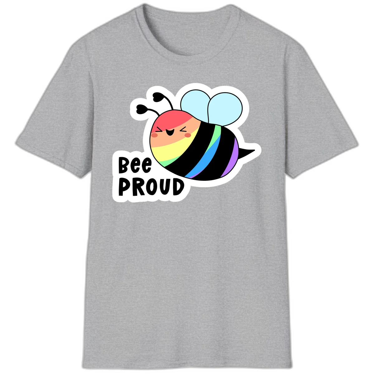 Cartoon bee with rainbow stripes and 'Bee PROUD' text celebrating LGBTQ+ pride in Sport Grey