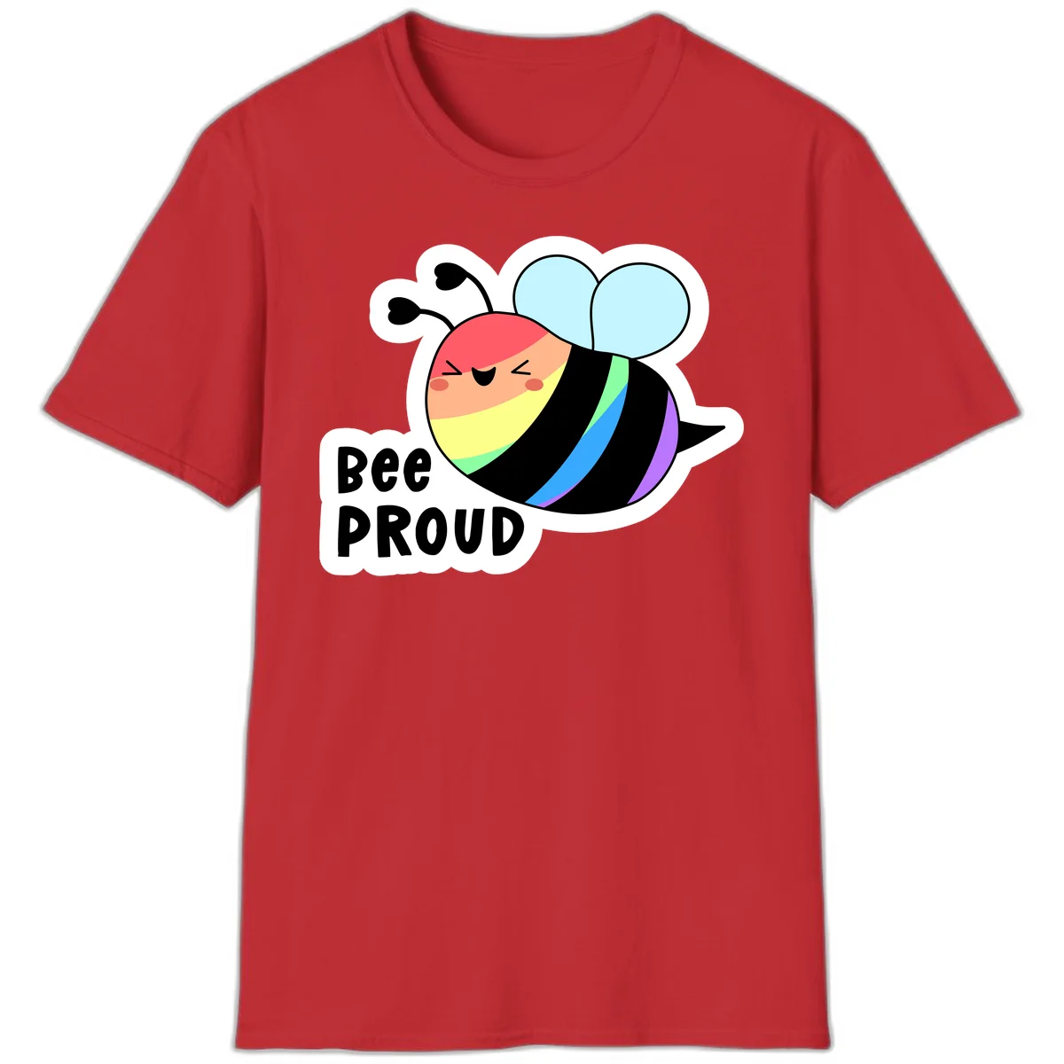 Cartoon bee with rainbow stripes and 'Bee PROUD' text celebrating LGBTQ+ pride in Red