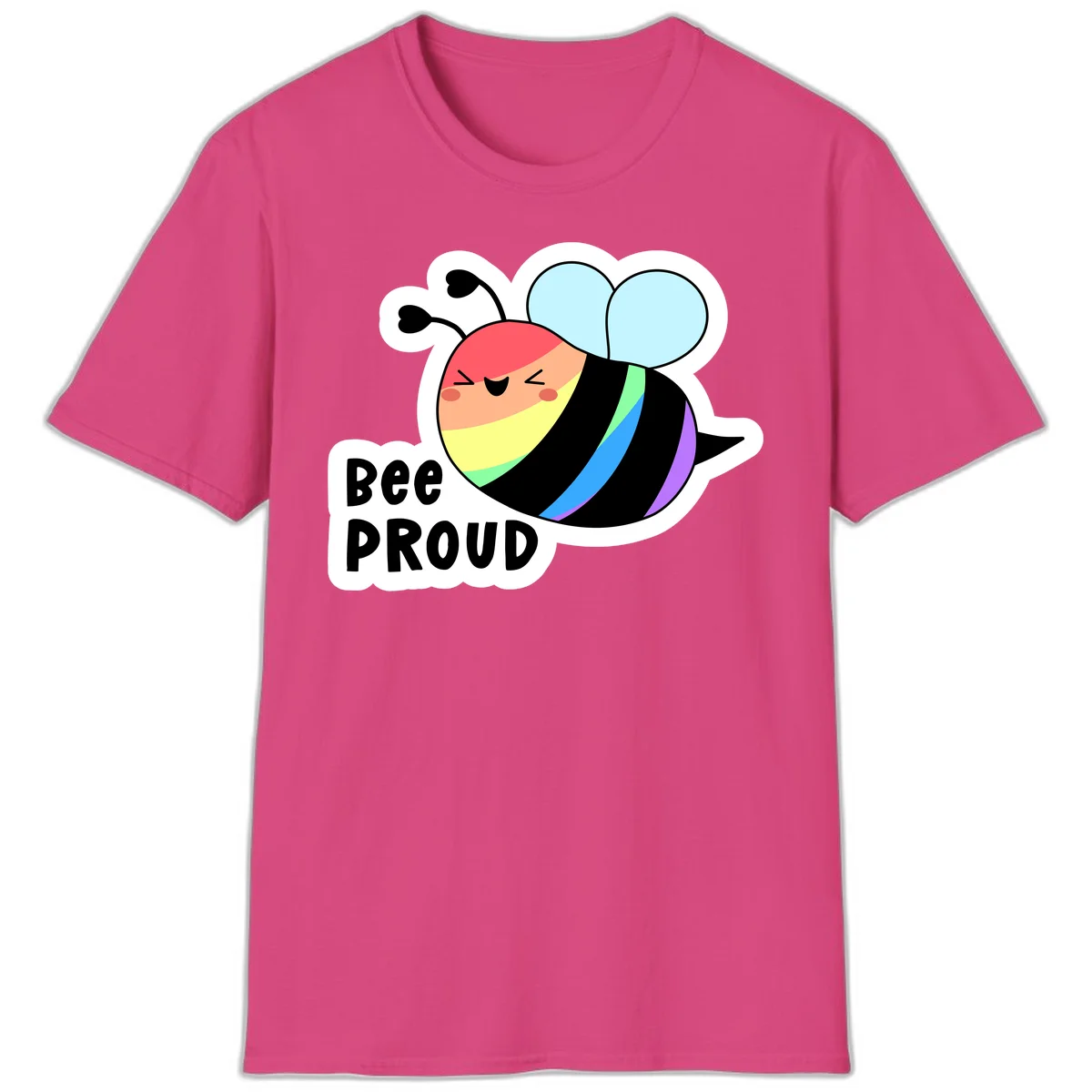 Cartoon bee with rainbow stripes and 'Bee PROUD' text celebrating LGBTQ+ pride in Heliconia