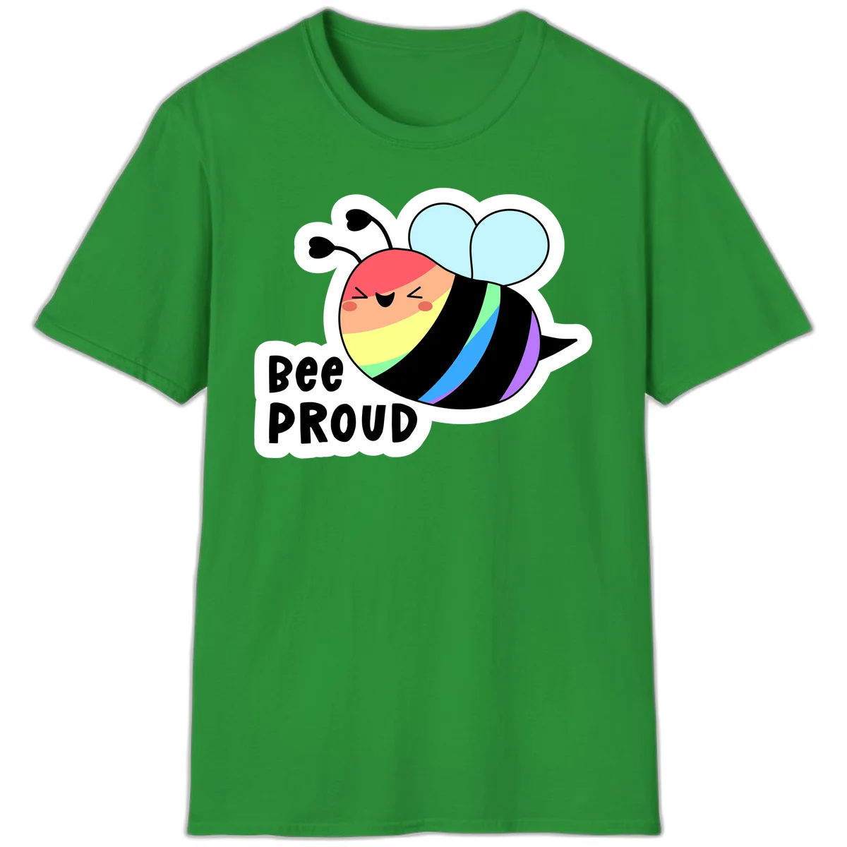 Cartoon bee with rainbow stripes and 'Bee PROUD' text celebrating LGBTQ+ pride in Irish Green