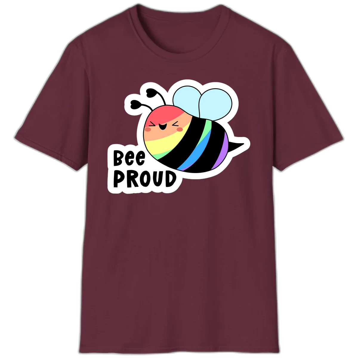 Cartoon bee with rainbow stripes and 'Bee PROUD' text celebrating LGBTQ+ pride in Maroon