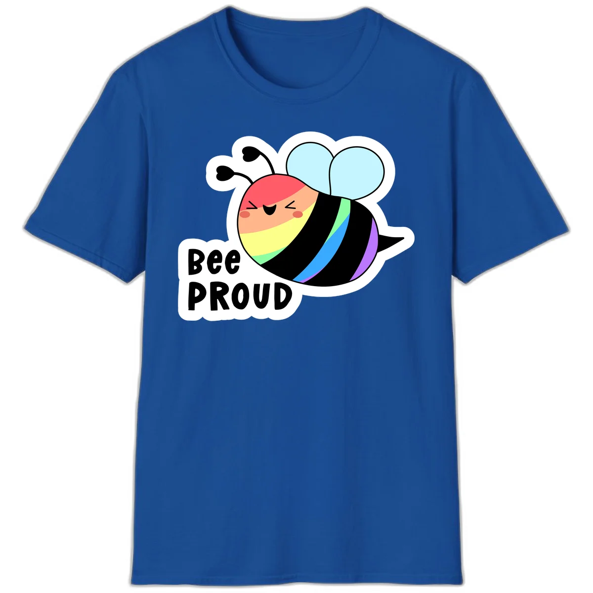 Cartoon bee with rainbow stripes and 'Bee PROUD' text celebrating LGBTQ+ pride in Royal