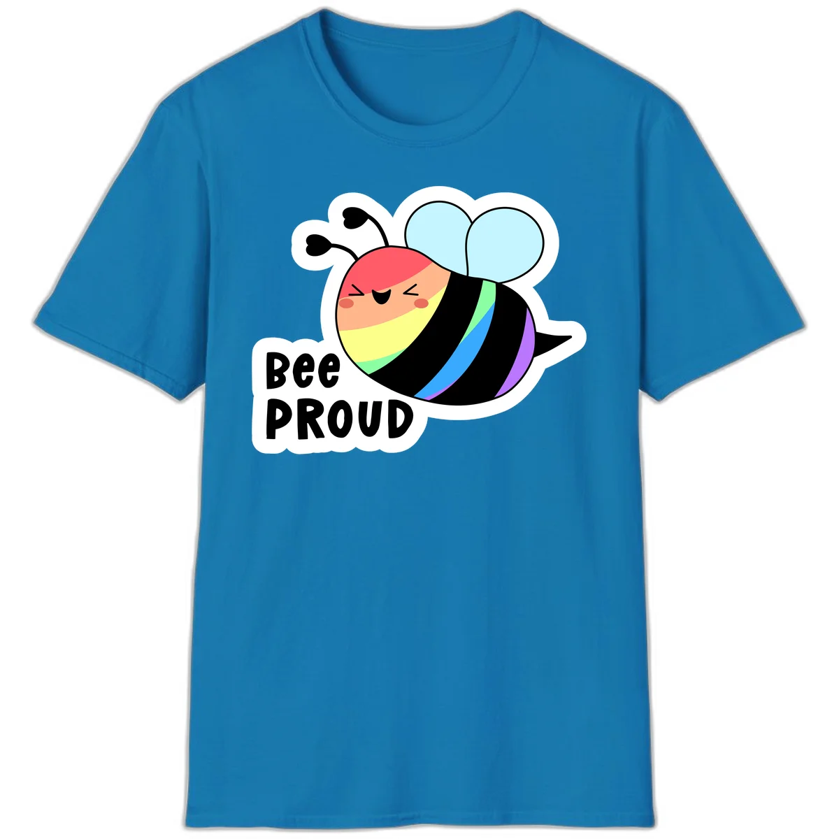 Cartoon bee with rainbow stripes and 'Bee PROUD' text celebrating LGBTQ+ pride in Sapphire