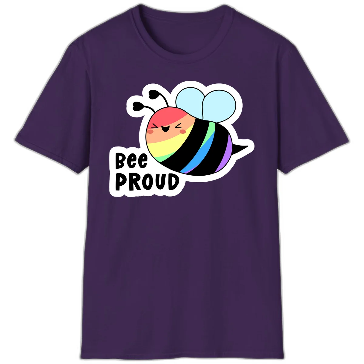 Cartoon bee with rainbow stripes and 'Bee PROUD' text celebrating LGBTQ+ pride in Purple
