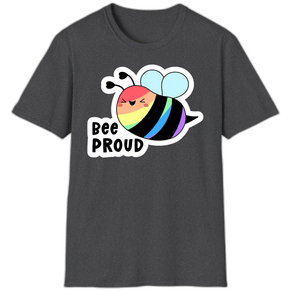 Cartoon bee with rainbow stripes and 'Bee PROUD' text celebrating LGBTQ+ pride in Dark Heather