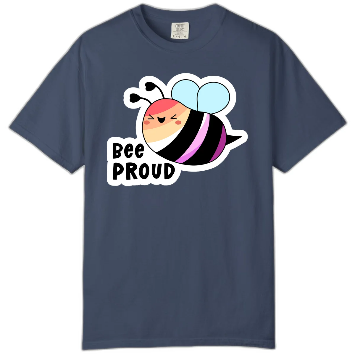 Cheerful cartoon bee with peach face and pink-striped body next to 'Bee Proud' text celebrating pride and individuality in Midnight