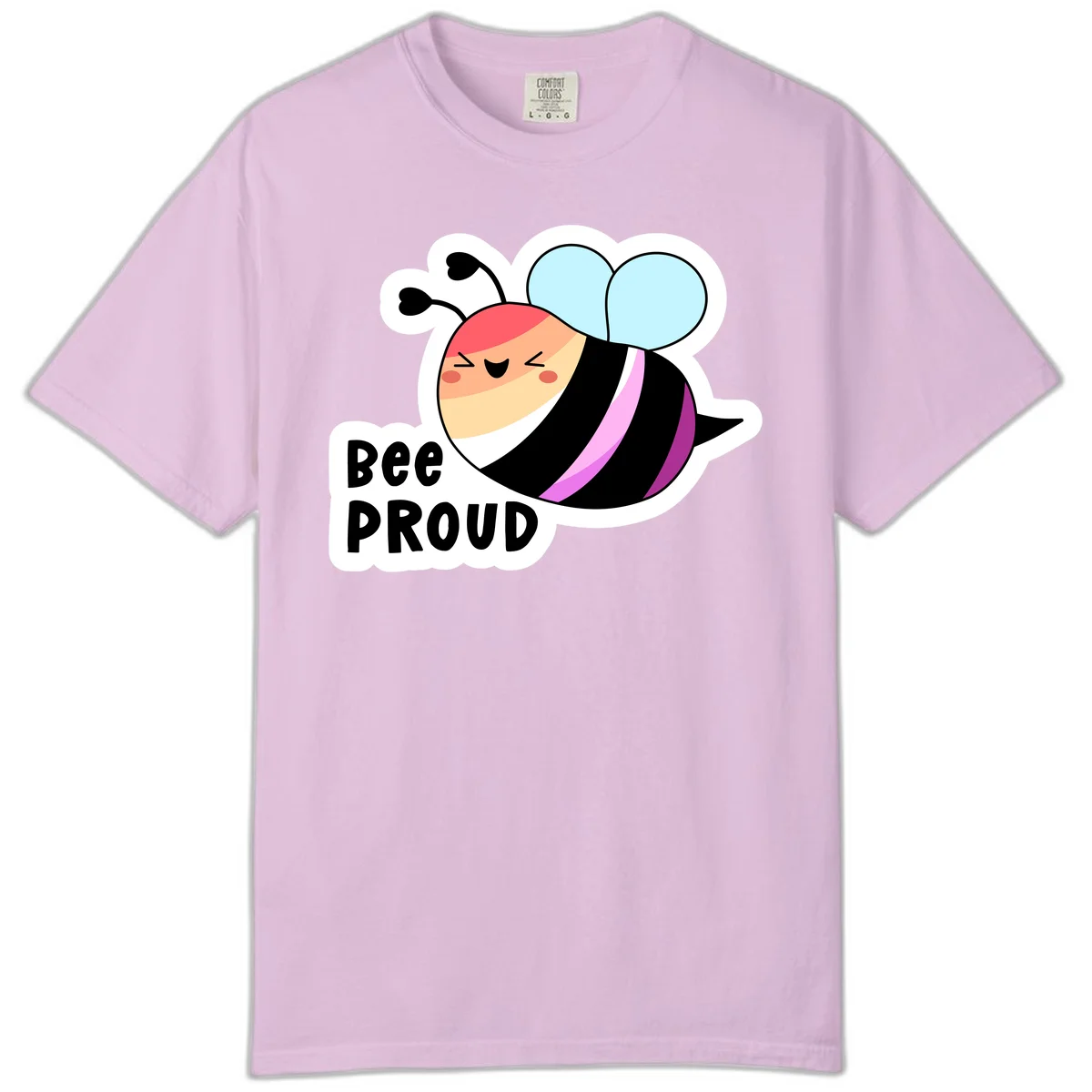 Cheerful cartoon bee with peach face and pink-striped body next to 'Bee Proud' text celebrating pride and individuality in Orchid