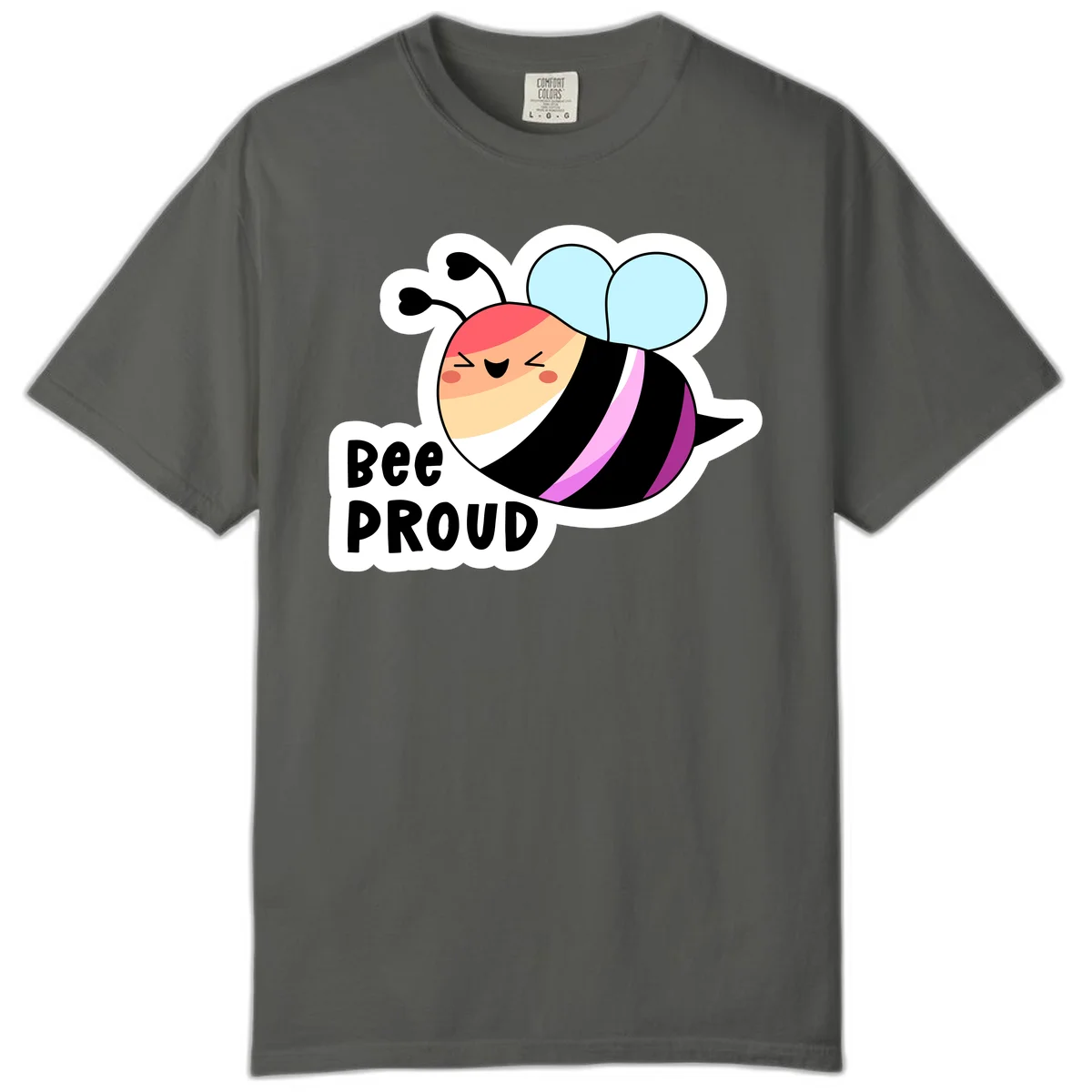 Cheerful cartoon bee with peach face and pink-striped body next to 'Bee Proud' text celebrating pride and individuality in Pepper