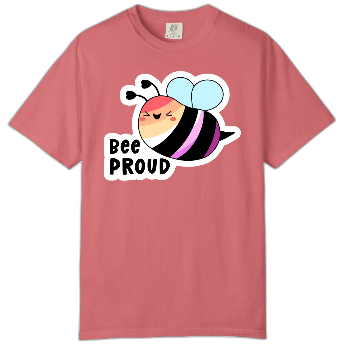 Cheerful cartoon bee with peach face and pink-striped body next to 'Bee Proud' text celebrating pride and individuality in Watermelon