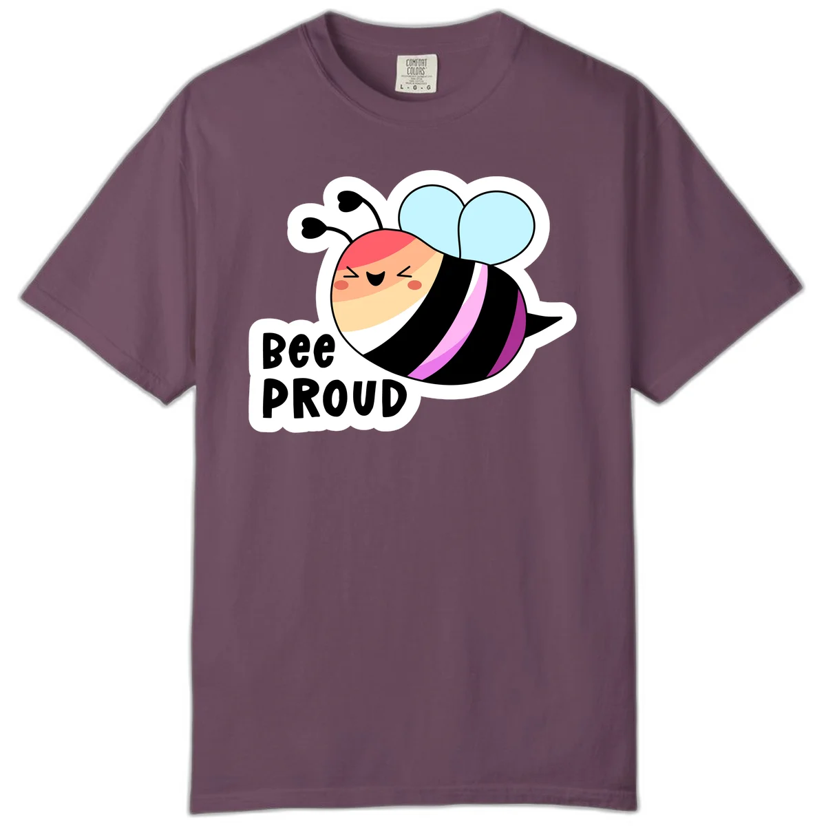 Cheerful cartoon bee with peach face and pink-striped body next to 'Bee Proud' text celebrating pride and individuality in Berry
