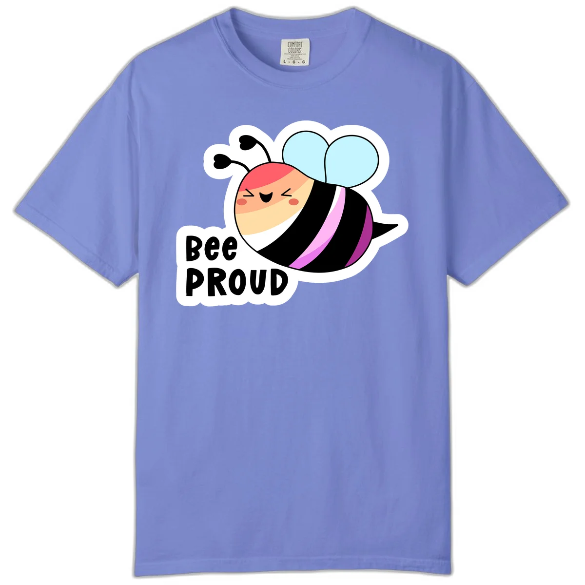 Cheerful cartoon bee with peach face and pink-striped body next to 'Bee Proud' text celebrating pride and individuality in Flo Blue