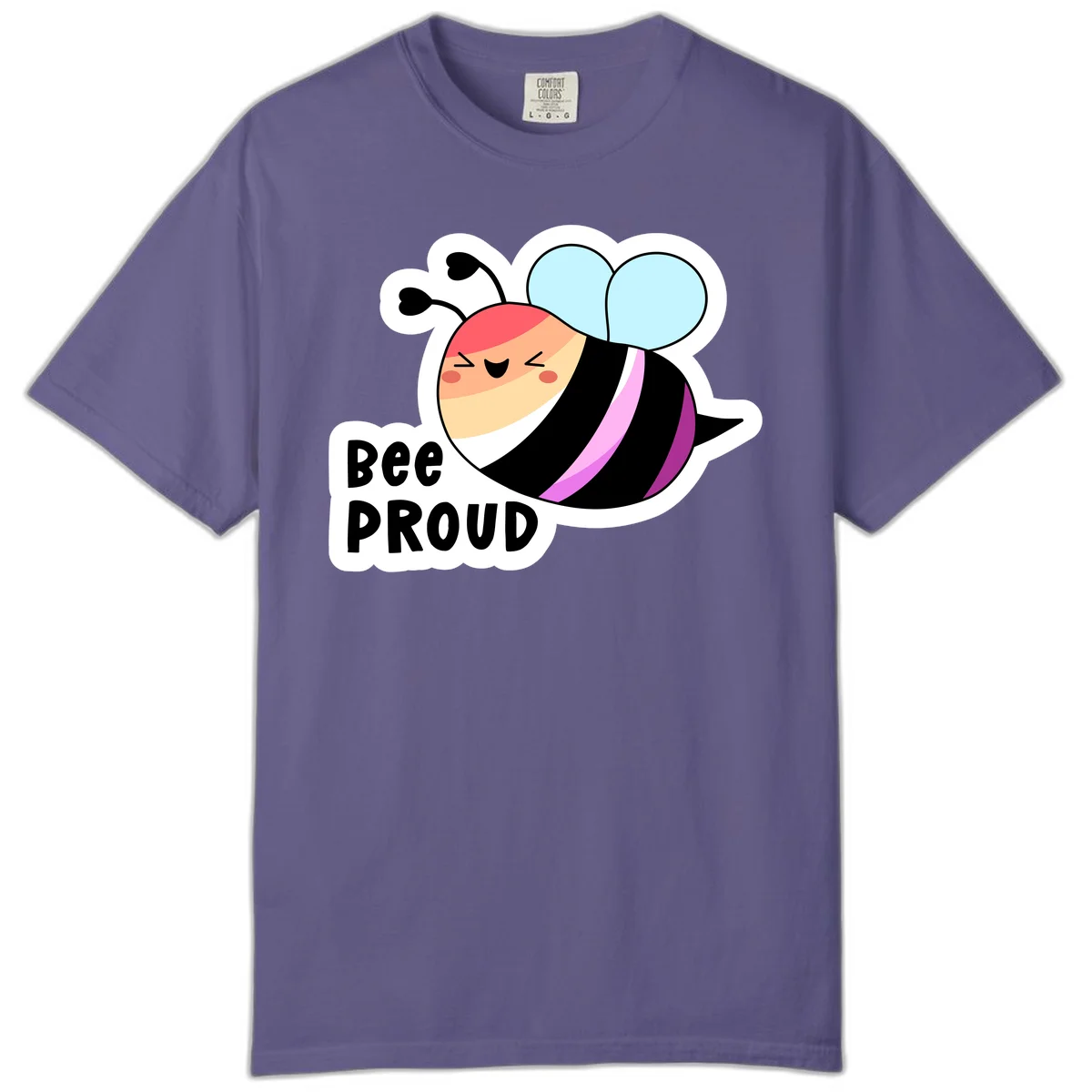 Cheerful cartoon bee with peach face and pink-striped body next to 'Bee Proud' text celebrating pride and individuality in Grape