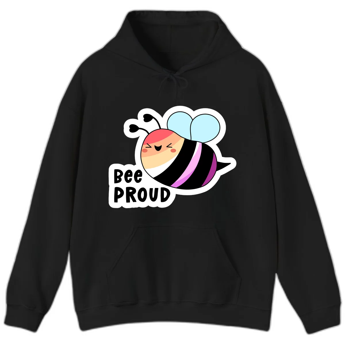Cheerful cartoon bee with peach face and pink-striped body next to 'Bee Proud' text celebrating pride and individuality in Black