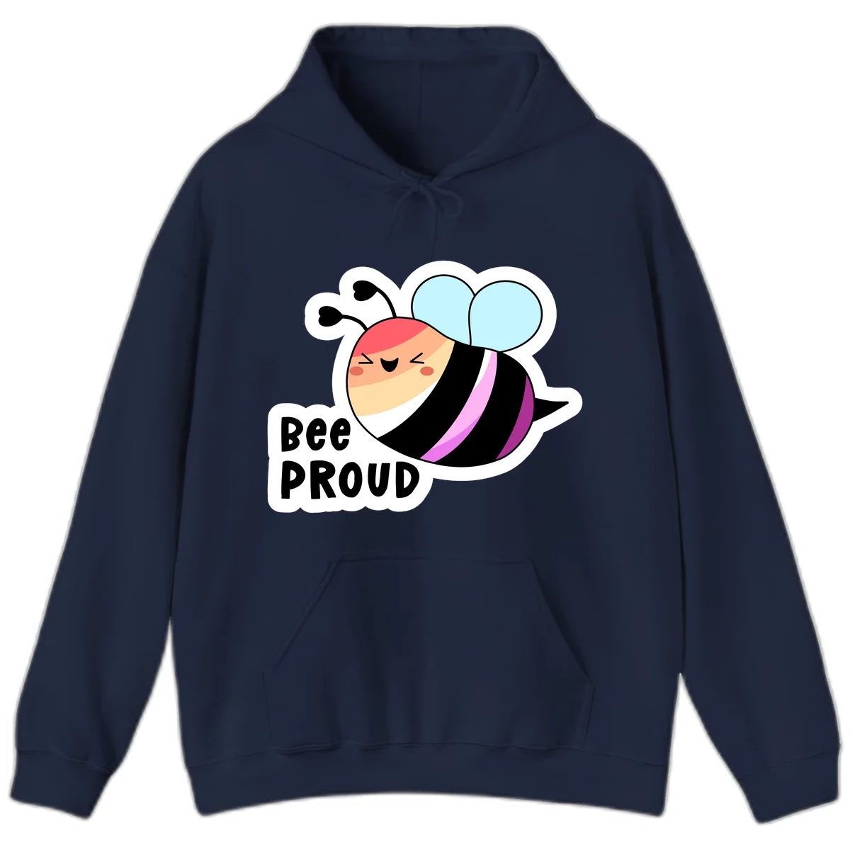 Cheerful cartoon bee with peach face and pink-striped body next to 'Bee Proud' text celebrating pride and individuality in Navy