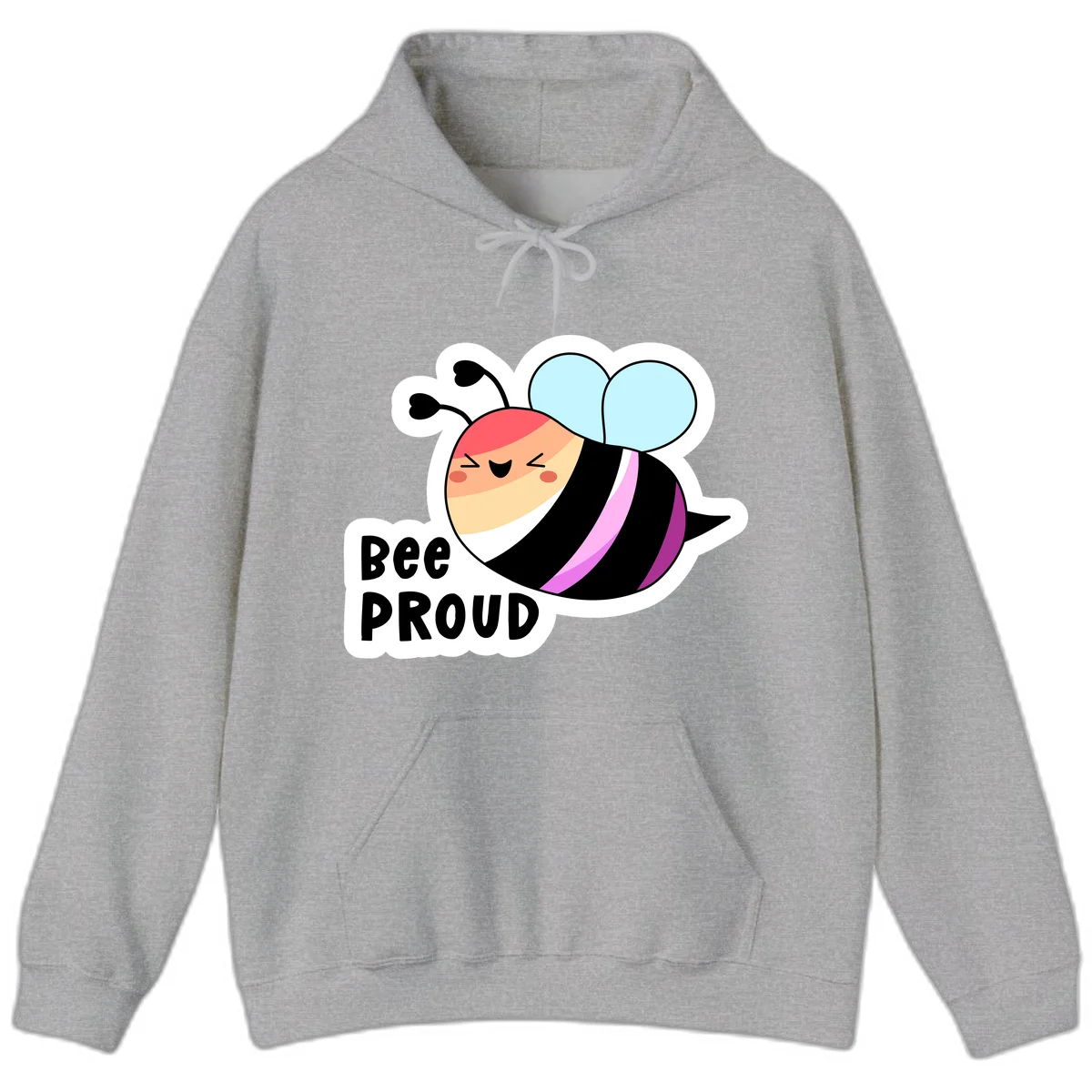 Cheerful cartoon bee with peach face and pink-striped body next to 'Bee Proud' text celebrating pride and individuality in Sport Grey