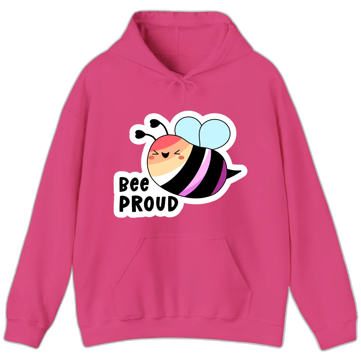 Cheerful cartoon bee with peach face and pink-striped body next to 'Bee Proud' text celebrating pride and individuality in Heliconia