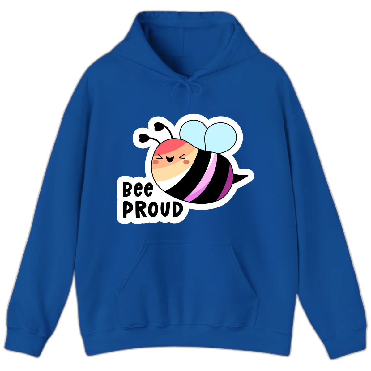 Cheerful cartoon bee with peach face and pink-striped body next to 'Bee Proud' text celebrating pride and individuality in Royal