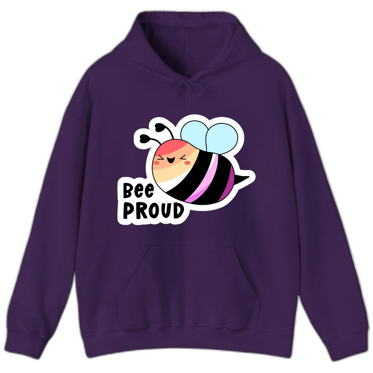 Cheerful cartoon bee with peach face and pink-striped body next to 'Bee Proud' text celebrating pride and individuality in Purple