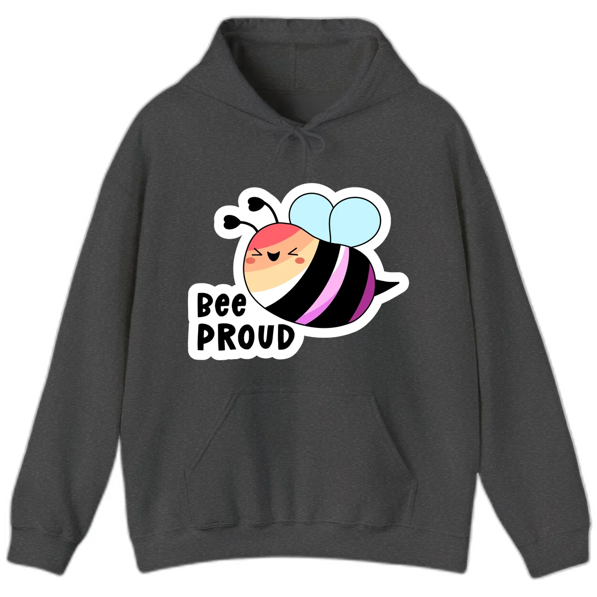 Cheerful cartoon bee with peach face and pink-striped body next to 'Bee Proud' text celebrating pride and individuality in Dark Heather