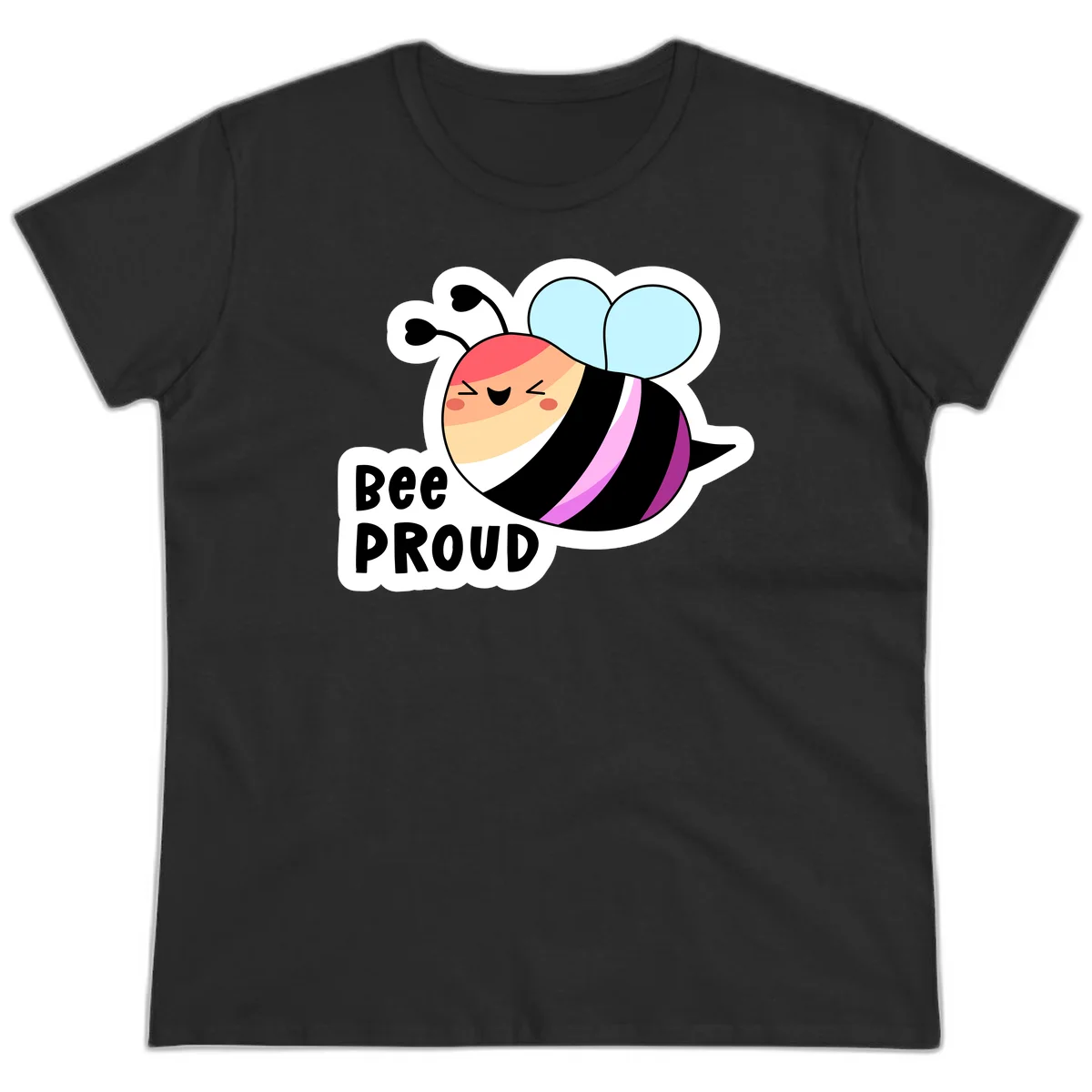 Cheerful cartoon bee with peach face and pink-striped body next to 'Bee Proud' text celebrating pride and individuality in Black