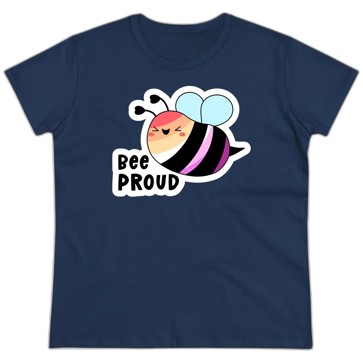 Cheerful cartoon bee with peach face and pink-striped body next to 'Bee Proud' text celebrating pride and individuality in Navy
