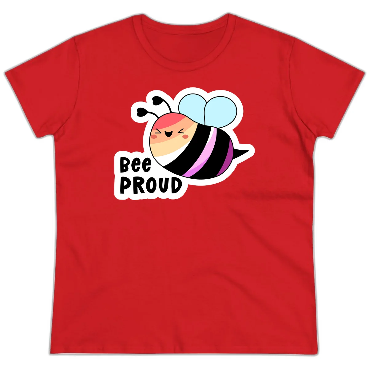 Cheerful cartoon bee with peach face and pink-striped body next to 'Bee Proud' text celebrating pride and individuality in Red