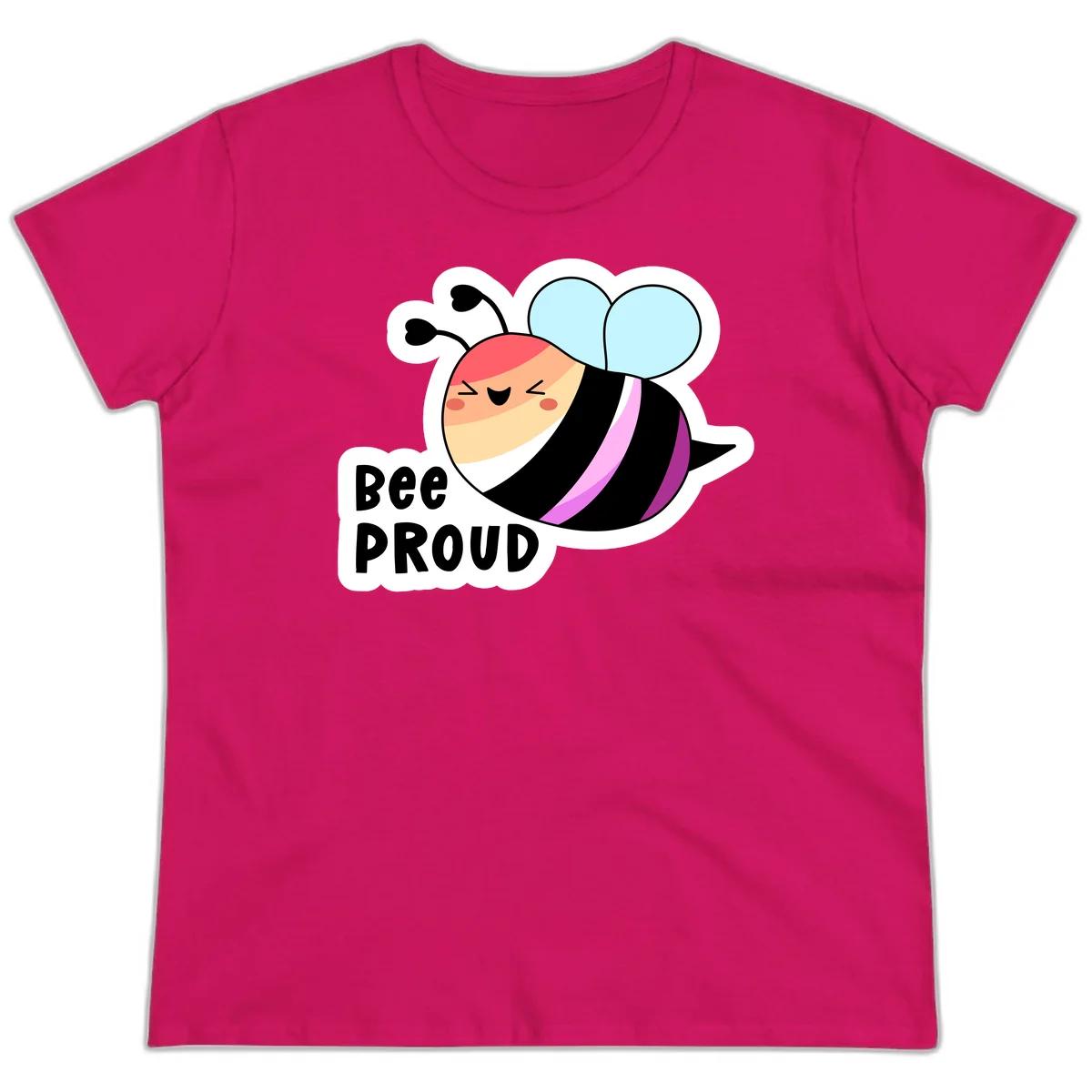 Cheerful cartoon bee with peach face and pink-striped body next to 'Bee Proud' text celebrating pride and individuality in Heliconia