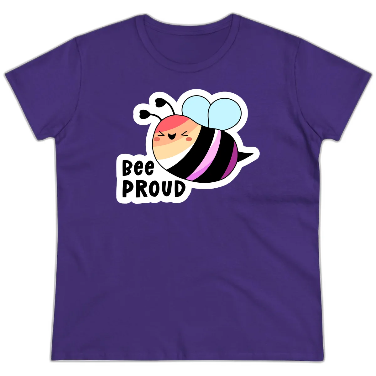 Cheerful cartoon bee with peach face and pink-striped body next to 'Bee Proud' text celebrating pride and individuality in Purple