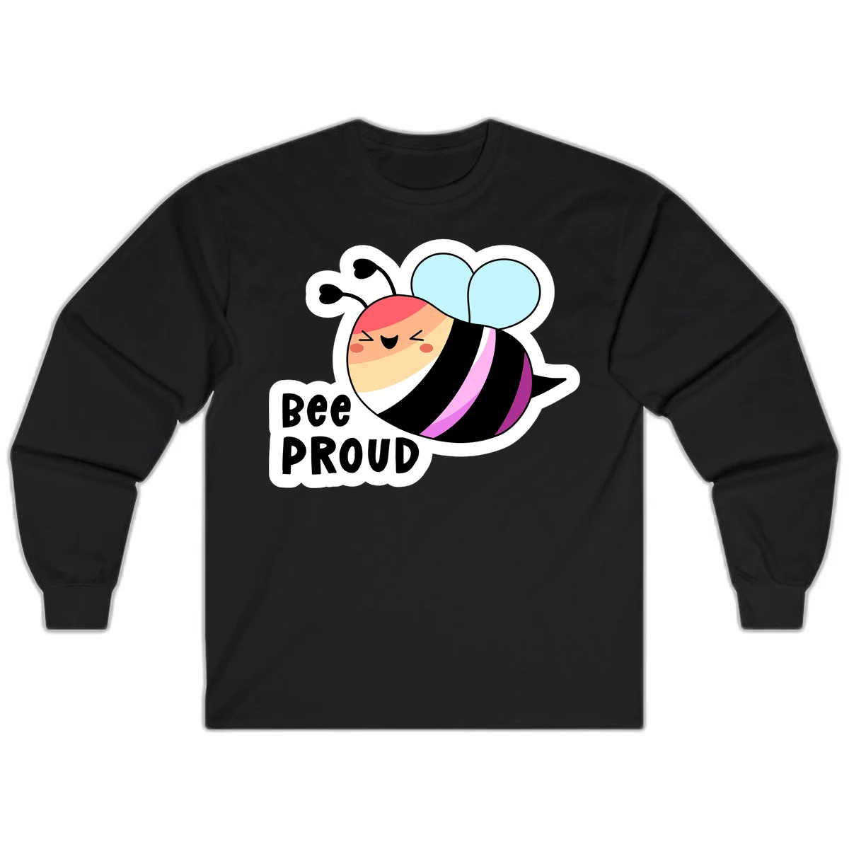 Cheerful cartoon bee with peach face and pink-striped body next to 'Bee Proud' text celebrating pride and individuality in Black