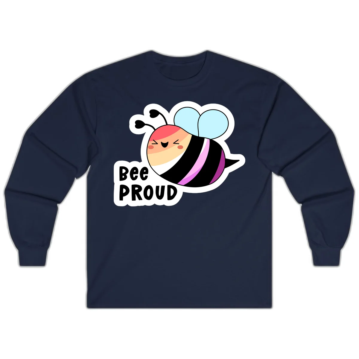Cheerful cartoon bee with peach face and pink-striped body next to 'Bee Proud' text celebrating pride and individuality in Navy