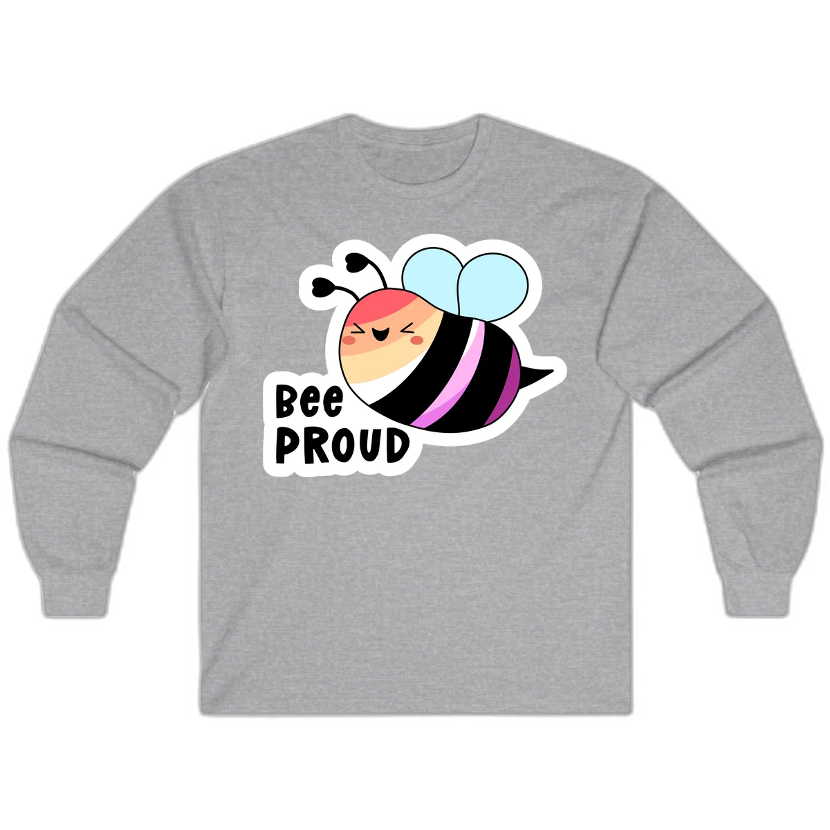 Cheerful cartoon bee with peach face and pink-striped body next to 'Bee Proud' text celebrating pride and individuality in Sport Grey
