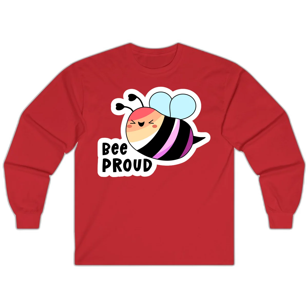 Cheerful cartoon bee with peach face and pink-striped body next to 'Bee Proud' text celebrating pride and individuality in Red
