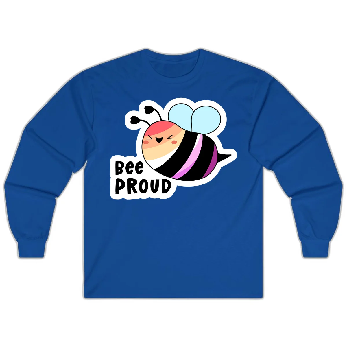 Cheerful cartoon bee with peach face and pink-striped body next to 'Bee Proud' text celebrating pride and individuality in Royal