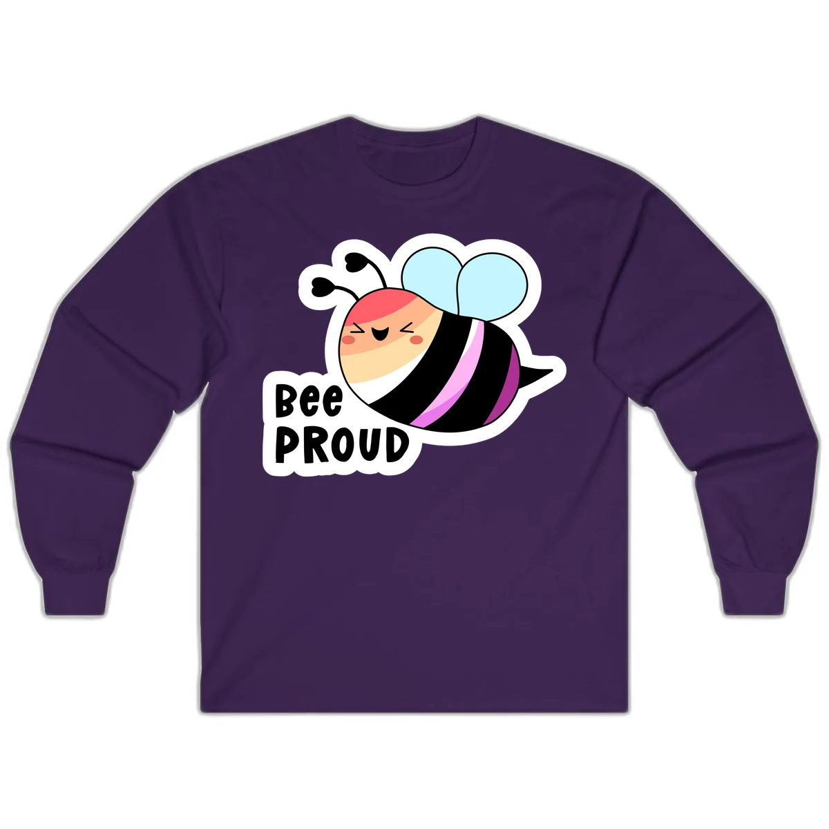 Cheerful cartoon bee with peach face and pink-striped body next to 'Bee Proud' text celebrating pride and individuality in Purple