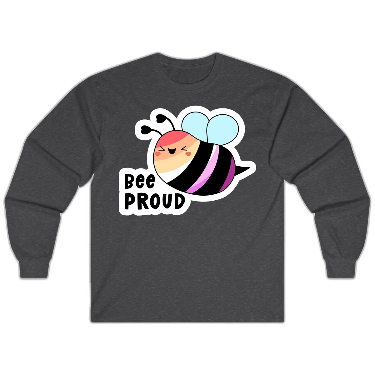 Cheerful cartoon bee with peach face and pink-striped body next to 'Bee Proud' text celebrating pride and individuality in Dark Heather