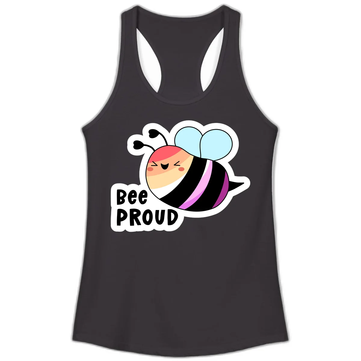 Cheerful cartoon bee with peach face and pink-striped body next to 'Bee Proud' text celebrating pride and individuality in Black