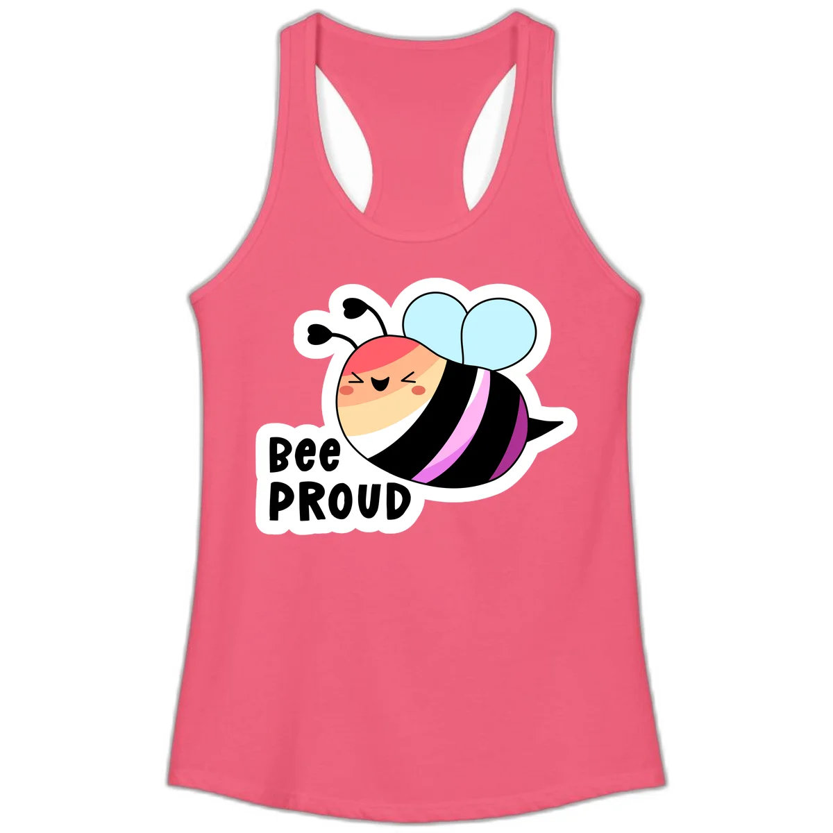 Cheerful cartoon bee with peach face and pink-striped body next to 'Bee Proud' text celebrating pride and individuality in Hot Pink