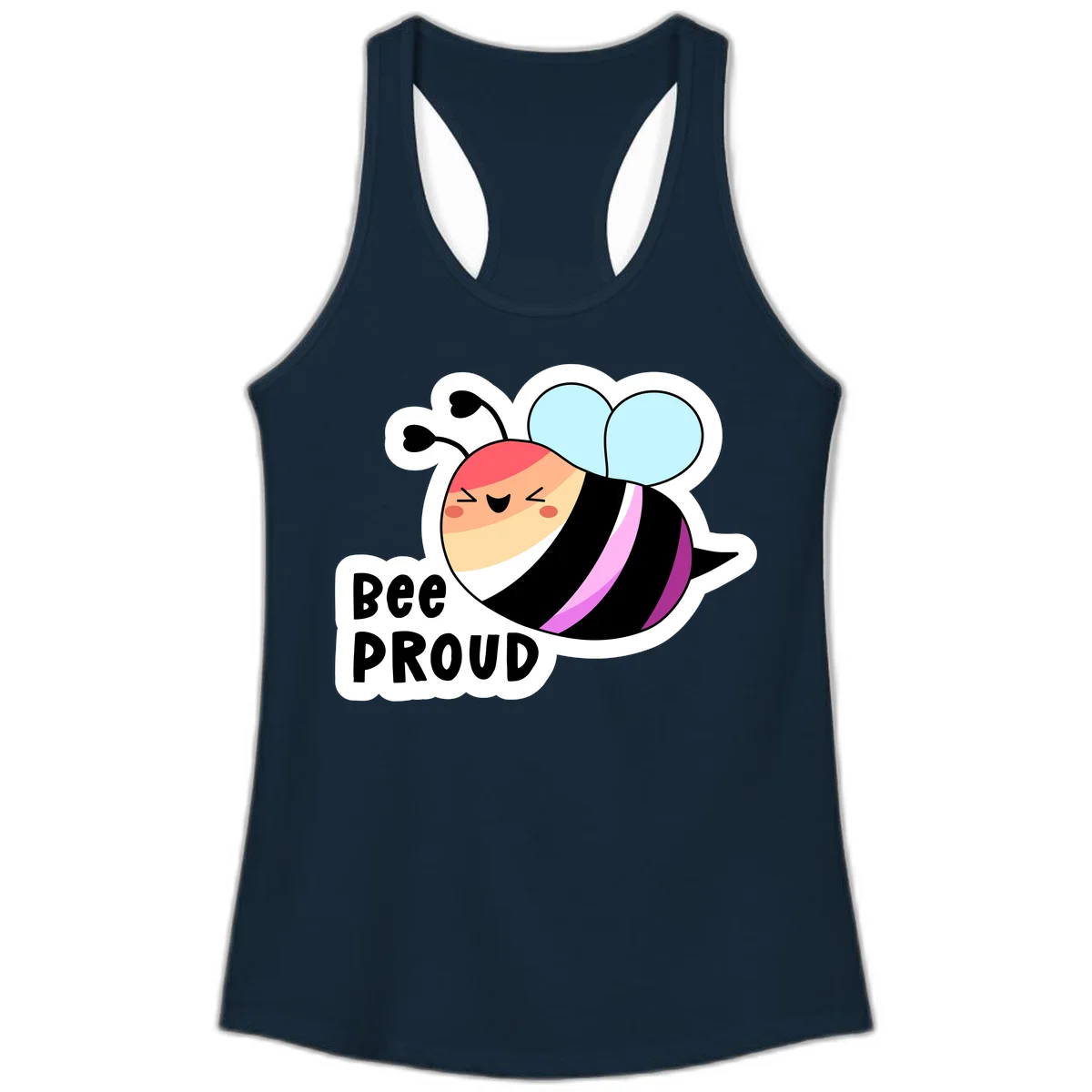 Cheerful cartoon bee with peach face and pink-striped body next to 'Bee Proud' text celebrating pride and individuality in Solid Midnight Navy