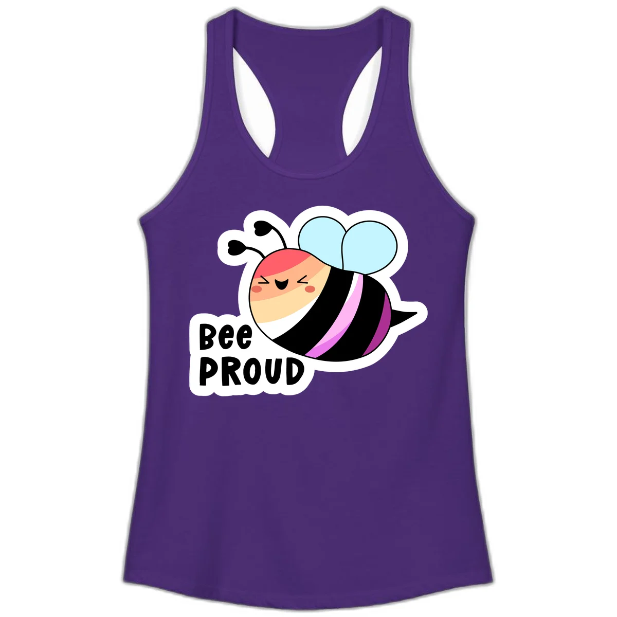 Cheerful cartoon bee with peach face and pink-striped body next to 'Bee Proud' text celebrating pride and individuality in Solid Purple Rush