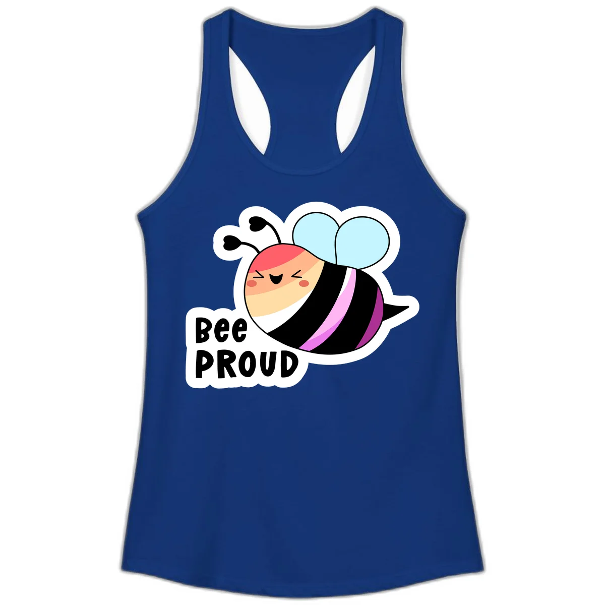 Cheerful cartoon bee with peach face and pink-striped body next to 'Bee Proud' text celebrating pride and individuality in Solid Royal