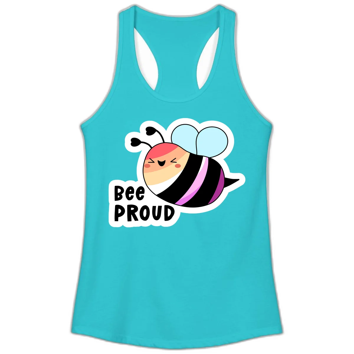 Cheerful cartoon bee with peach face and pink-striped body next to 'Bee Proud' text celebrating pride and individuality in Solid Tahiti Blue