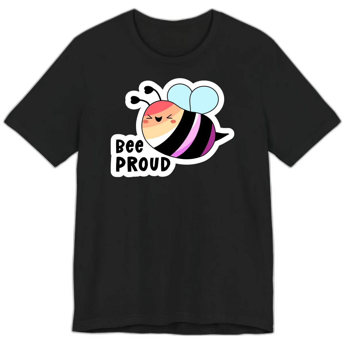 Cheerful cartoon bee with peach face and pink-striped body next to 'Bee Proud' text celebrating pride and individuality in Black
