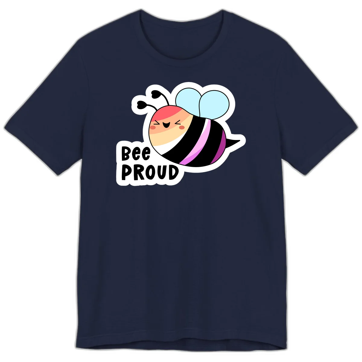 Cheerful cartoon bee with peach face and pink-striped body next to 'Bee Proud' text celebrating pride and individuality in Navy